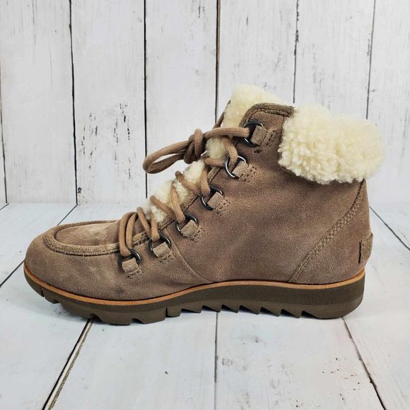 Sorel Harlow Lace Cozy Bootie Tan Suede Sherpa Women's Size 6.5 Winter Boots - Picture 5 of 11